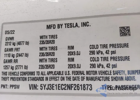 2022 Tesla Model 3 Performance Dual Motor All-Wheel Drive z USA, uszkodzony, nr VIN 5YJ3E1EC2NF261873